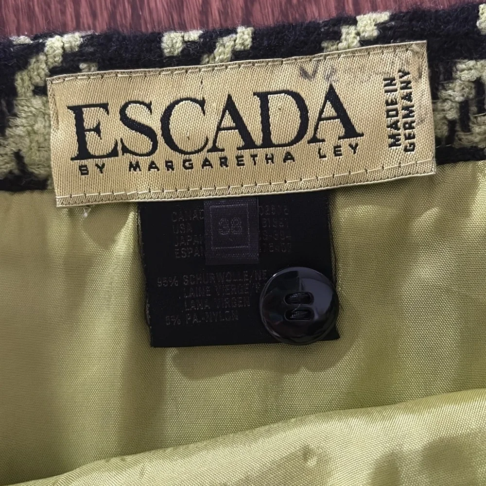 ESCADA wool Houndstooth mini Skirt - Black lime green lined pencil style euro 38